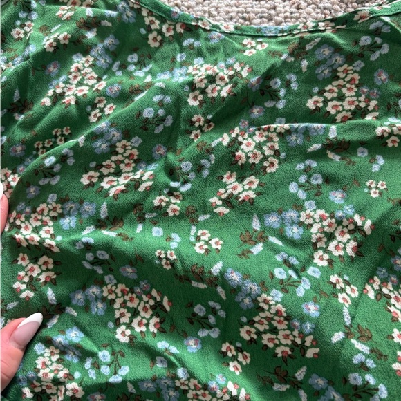 LOFT Green and White Puff Sleeve Wrap Crop Blouse - Picture 2 of 6